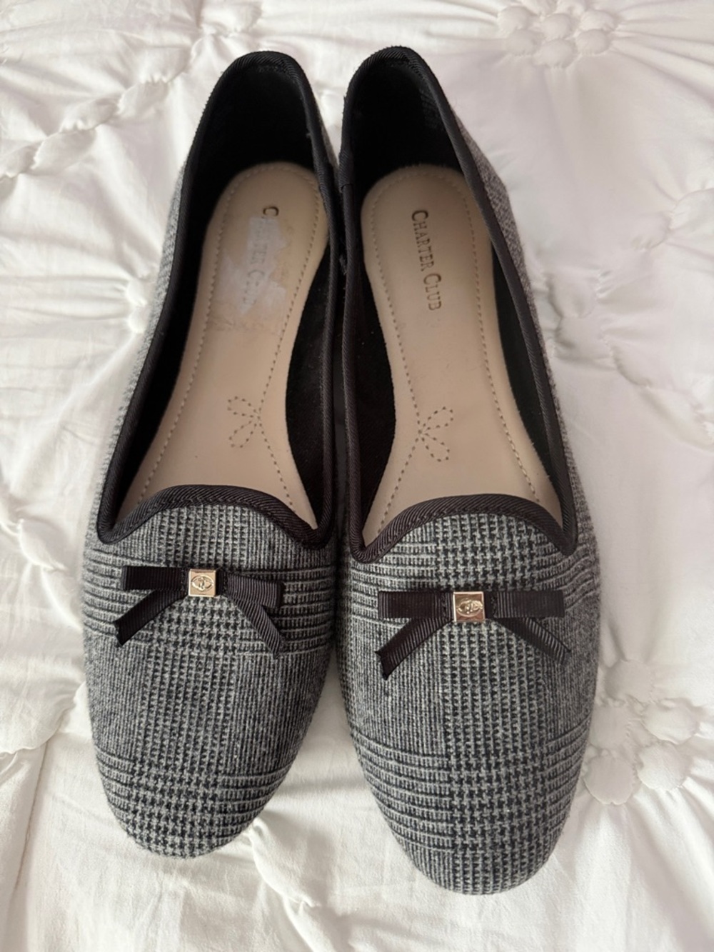 Charter Club Gray Plaid Ballet Flats with Black Bow Accent